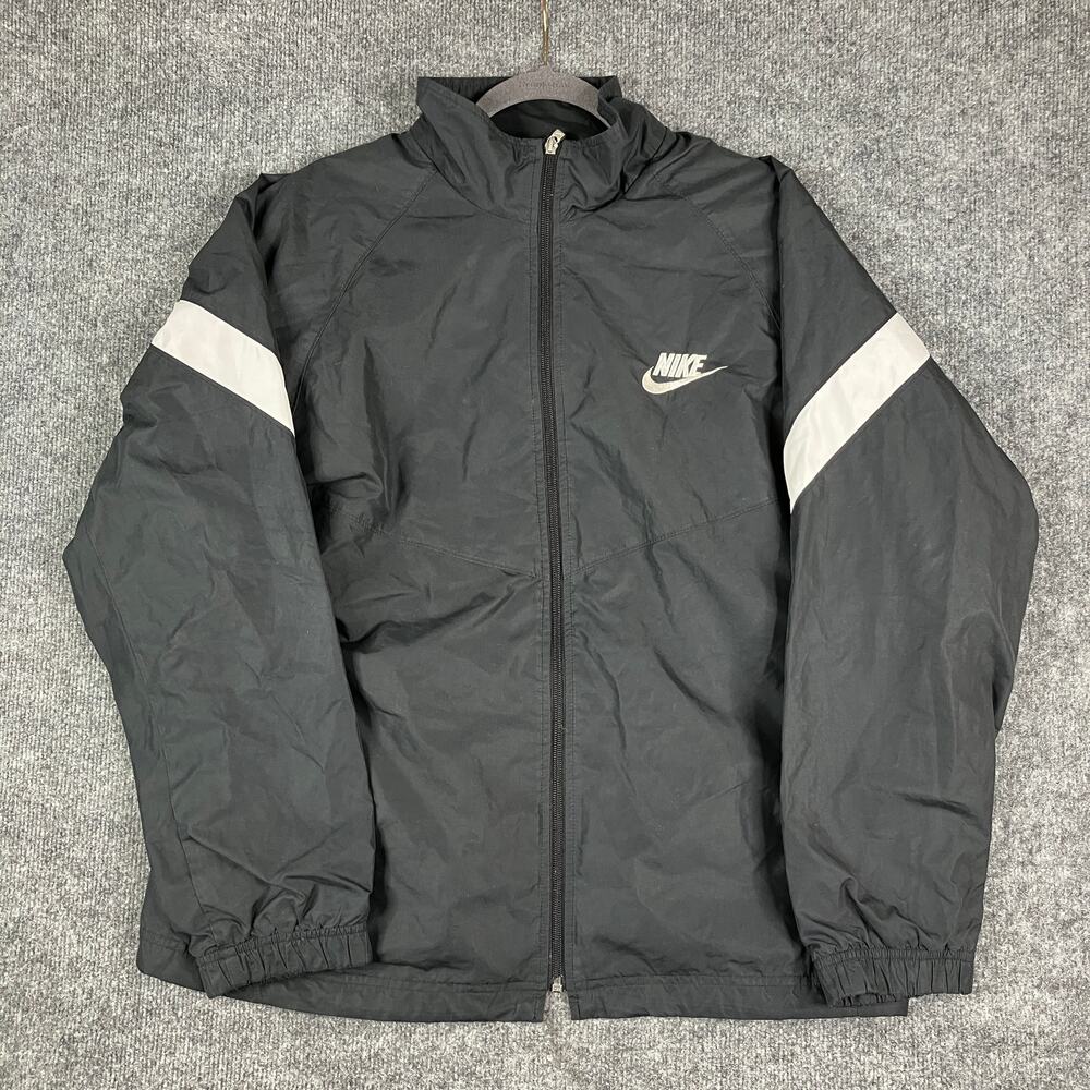 Nike Jacket Mens Size L Black Full Zip‎ Reflective Stripe Windbreaker Logo Coat